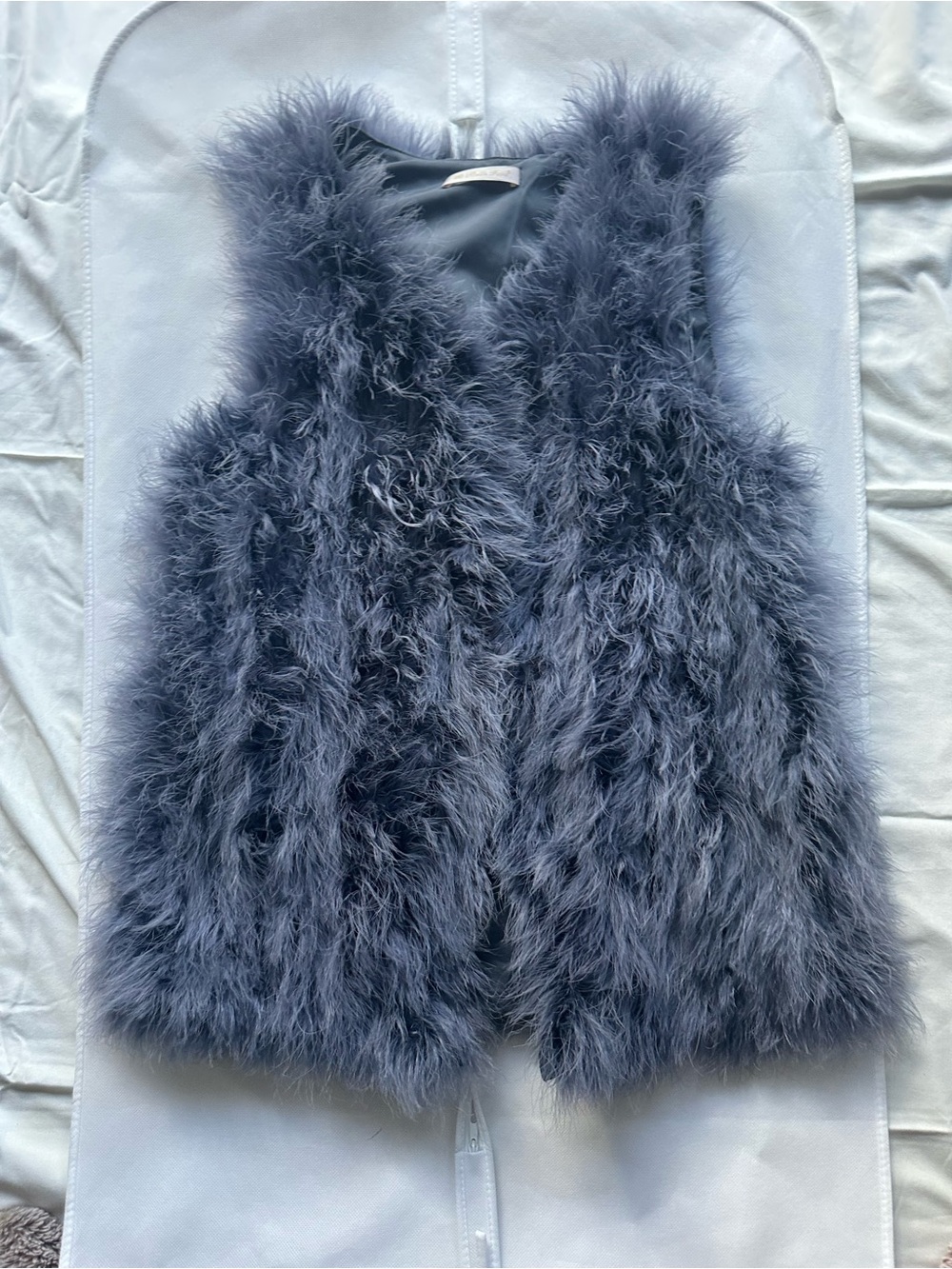Plush Slate Blue Ostrich Feather Vest Tunic - Cozy Sleeveless Layer